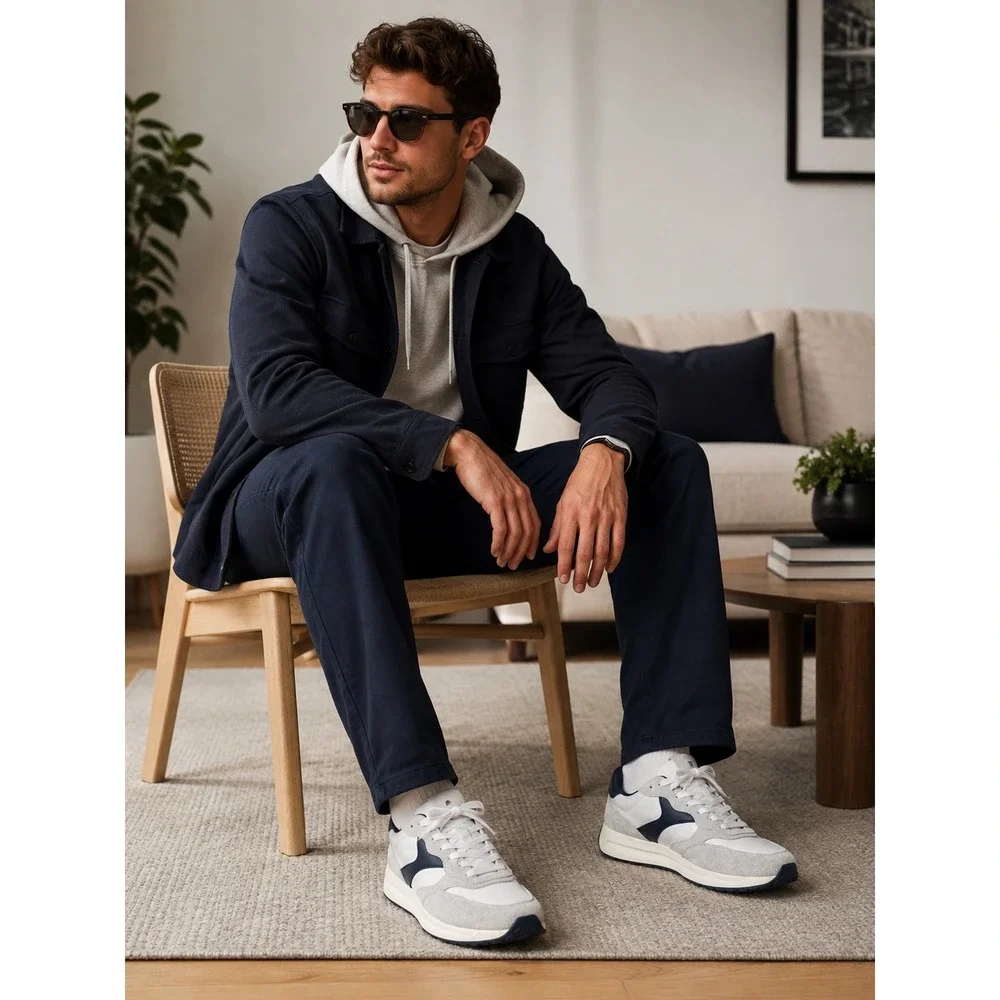 No Boundaries Retro Jogger Sneakers Men's 12 Gray Navy Genuine Leather NWT